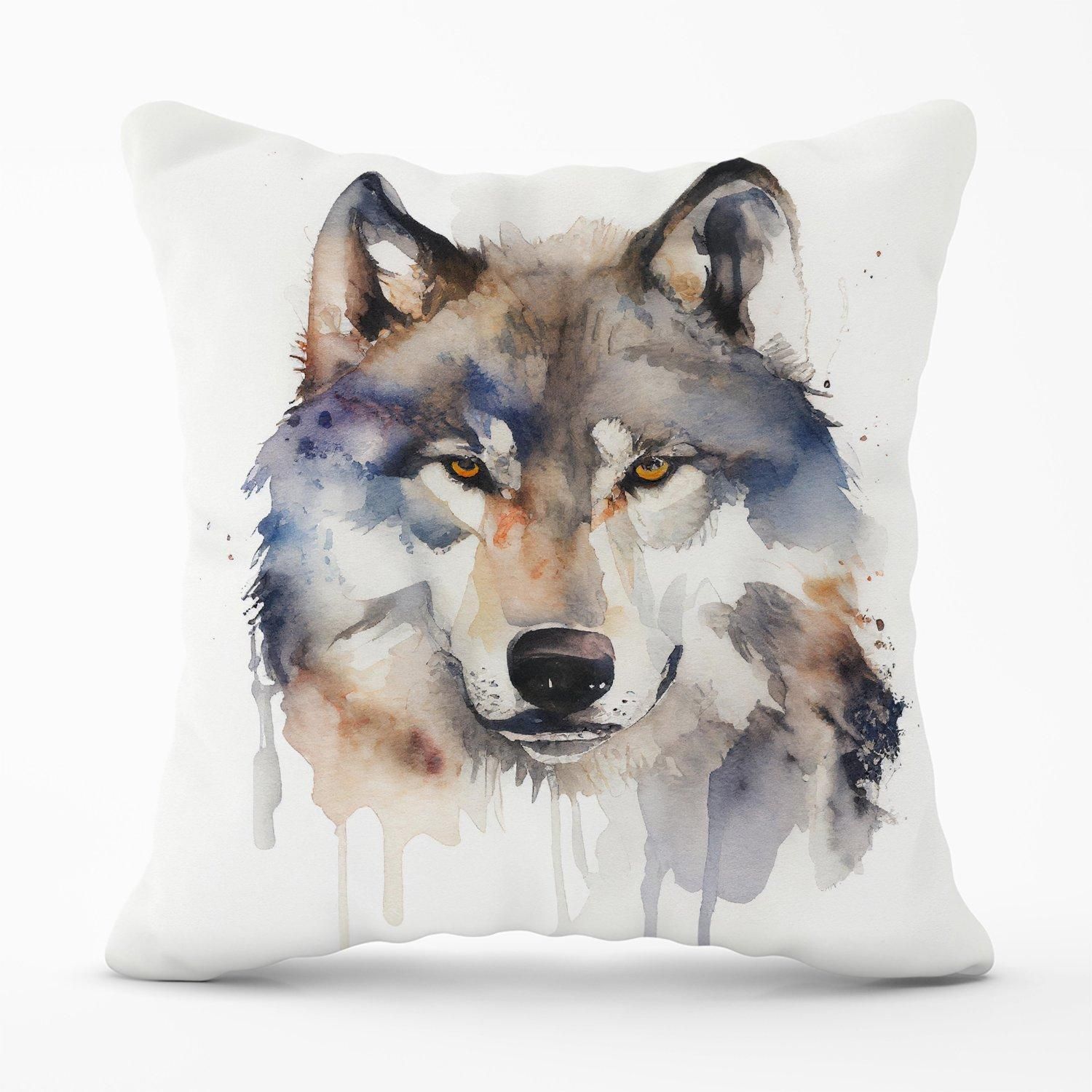 Warren Reed - Designer Wolf Watercolour Outdoor Cushion in Brown