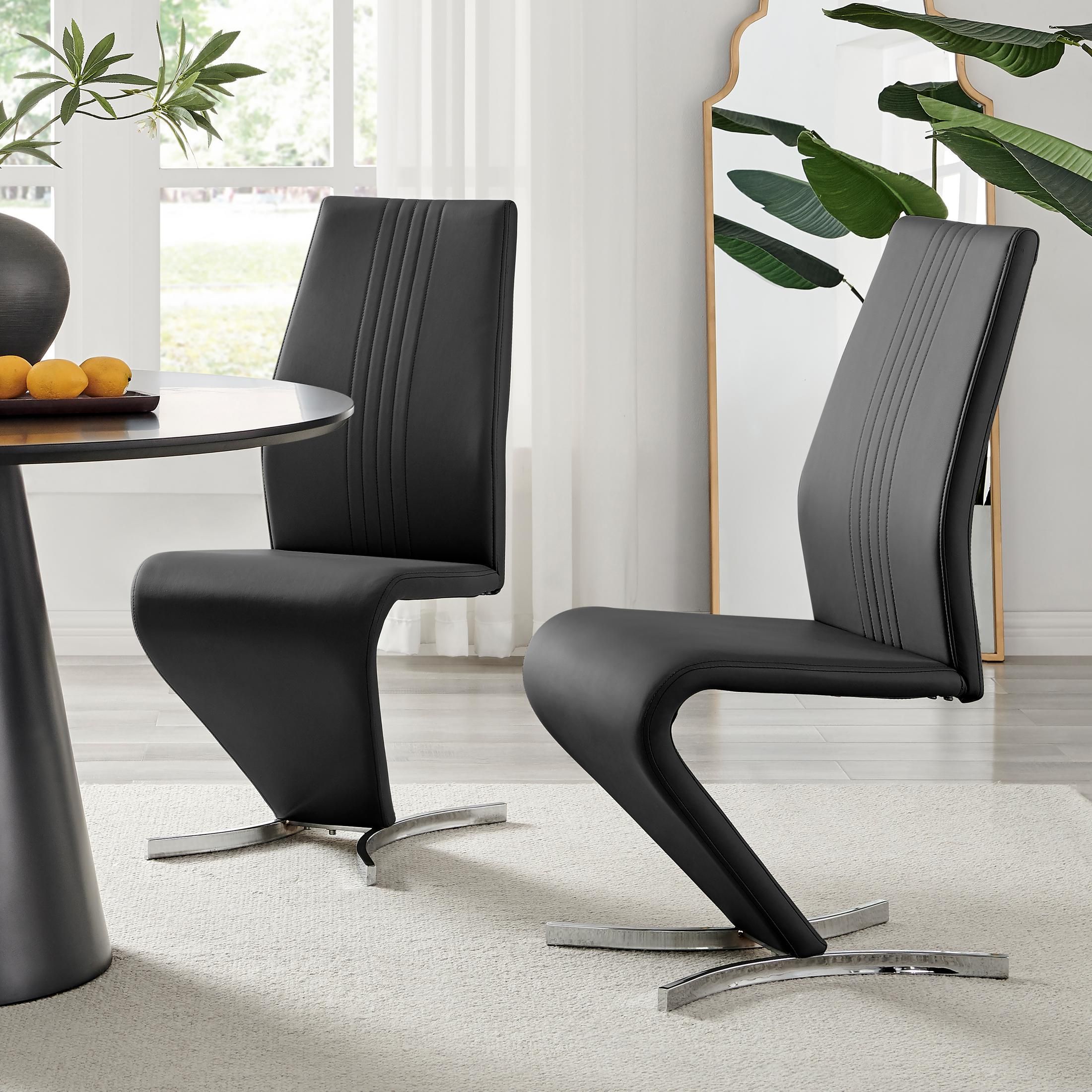FurnitureboxUK Set of 2 Willow Contemporary Z Shaped Faux Leather Dining Chairs With Silver Chrome Metal Legs in Black