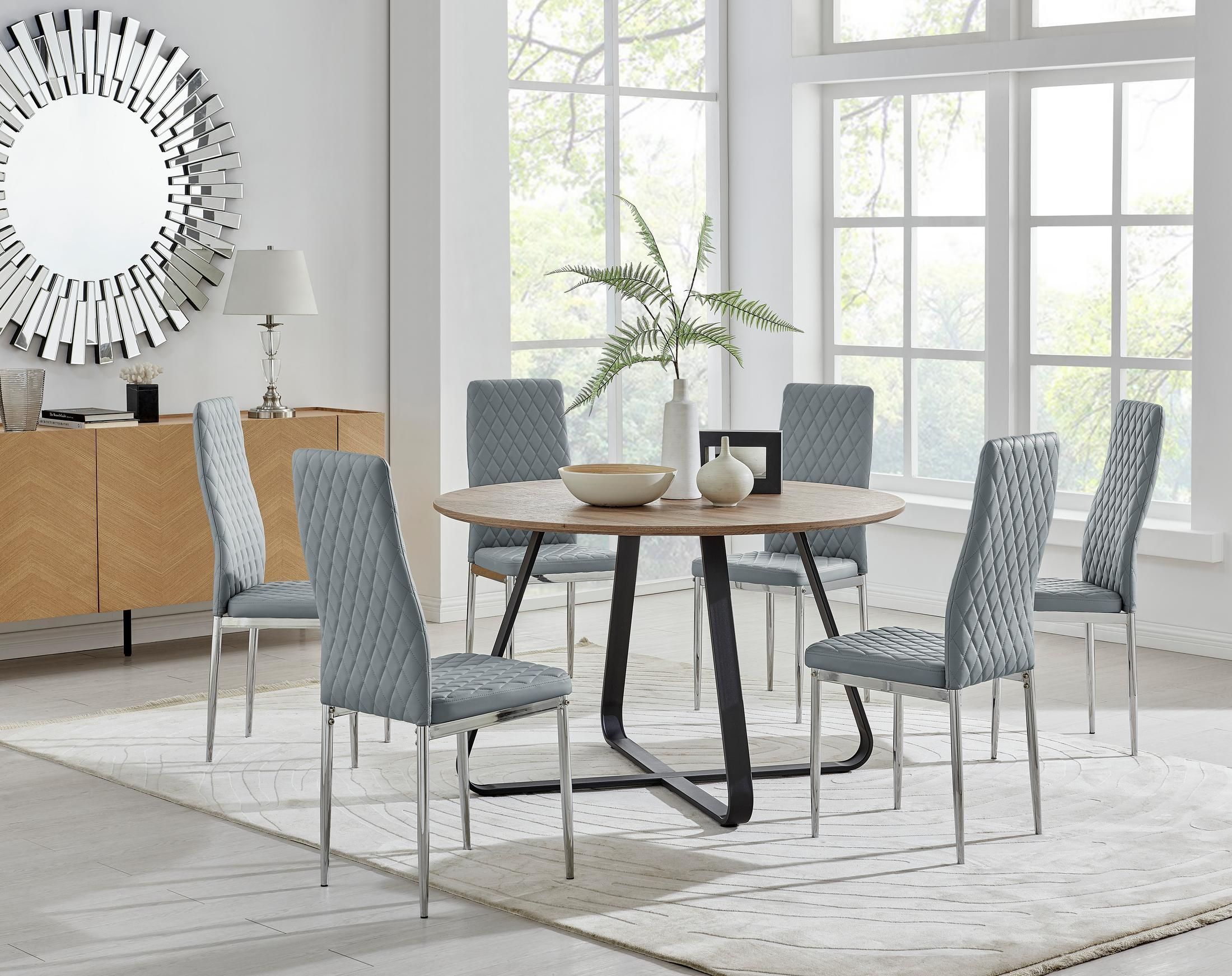 FurnitureboxUK Santorini Brown Wood Effect Dining Table & 6 Milan Chrome Leg Chairs in Grey