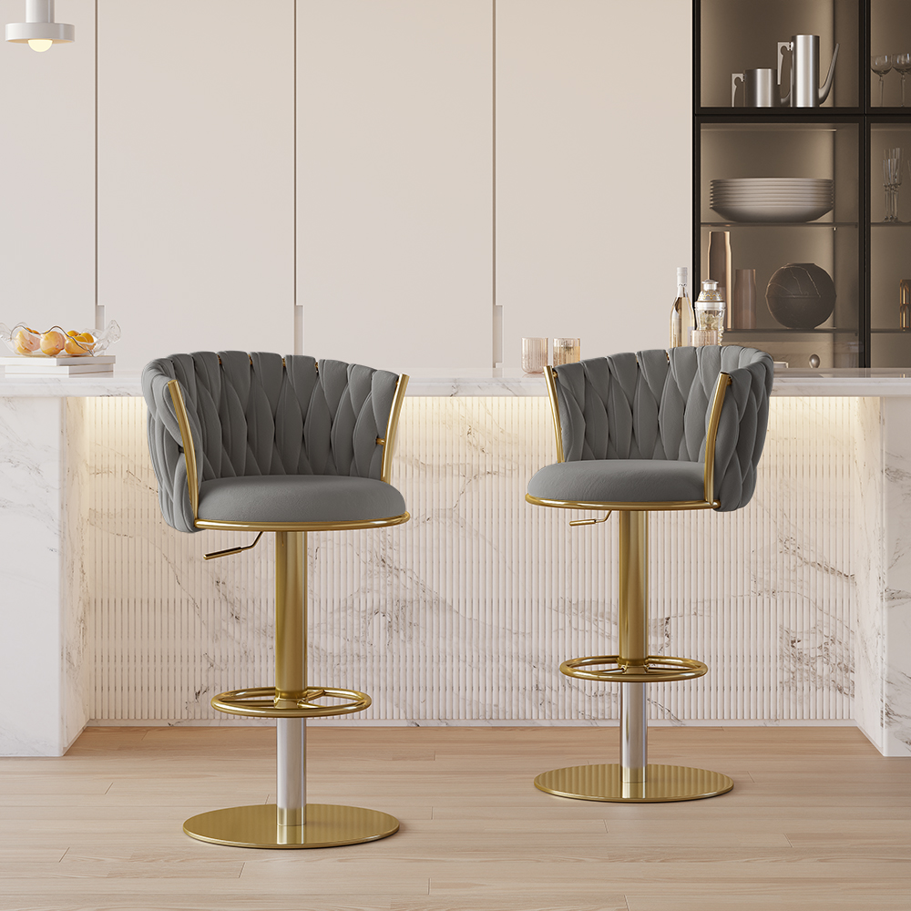 Sweave Set of 2 Grey Swivel Bar Stools Velvet Curved Back Adjustable Height