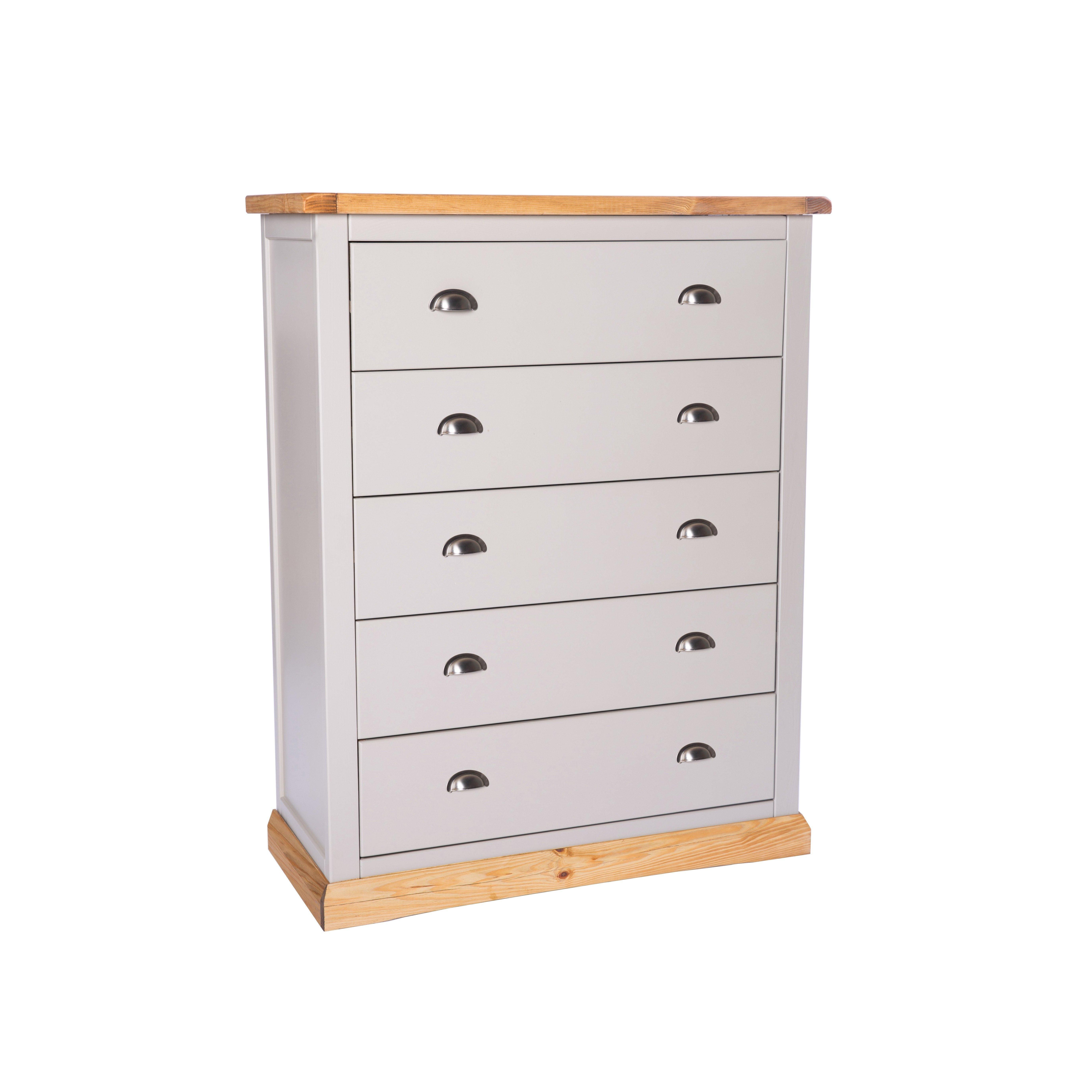 Cabinet Bits Bomporto 5 Drawer Chest of Drawers Chrome Cup Handle in Light Grey