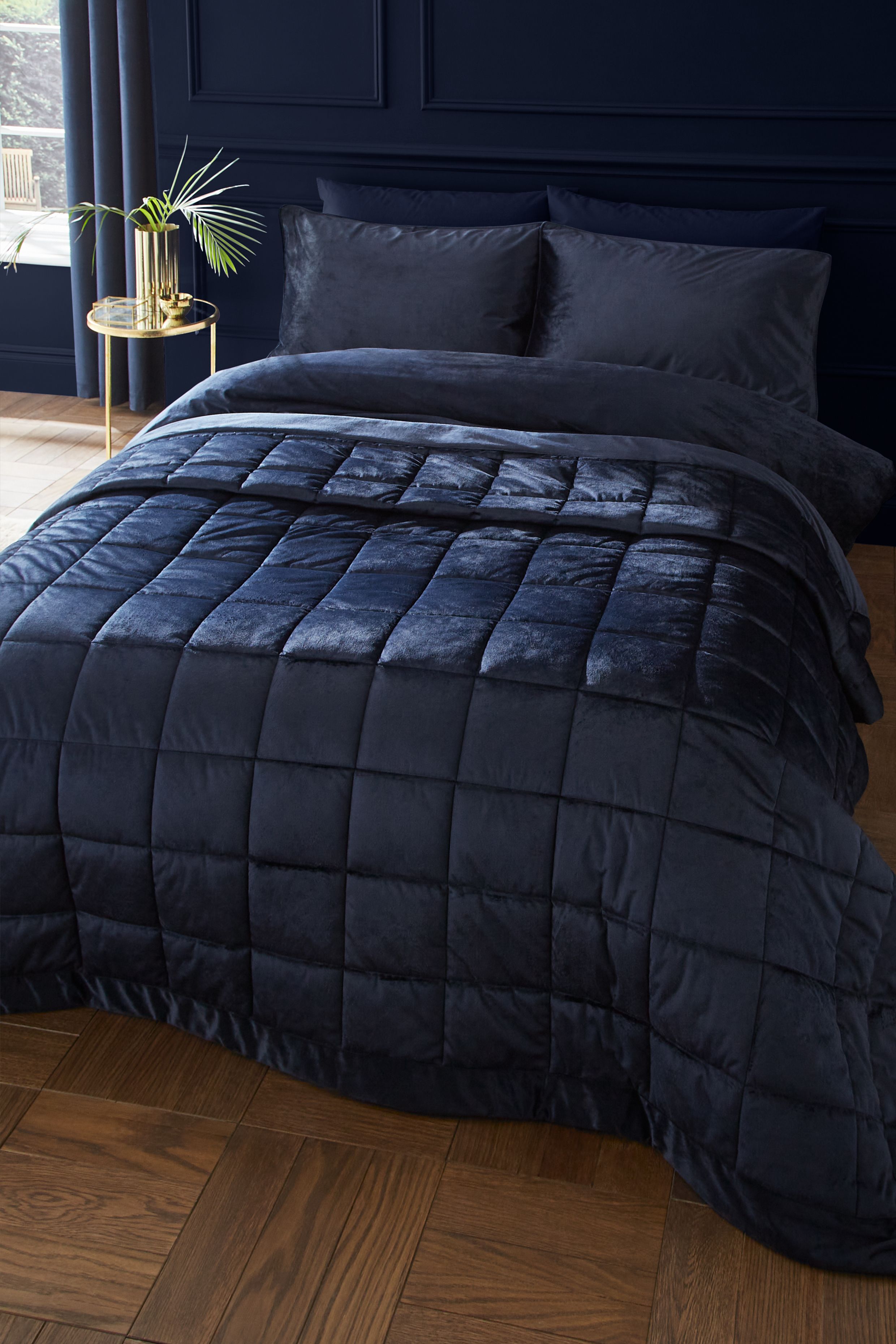 Catherine Lansfield 'Kingsley Matt Velvet' Quilted Bedspread in Navy