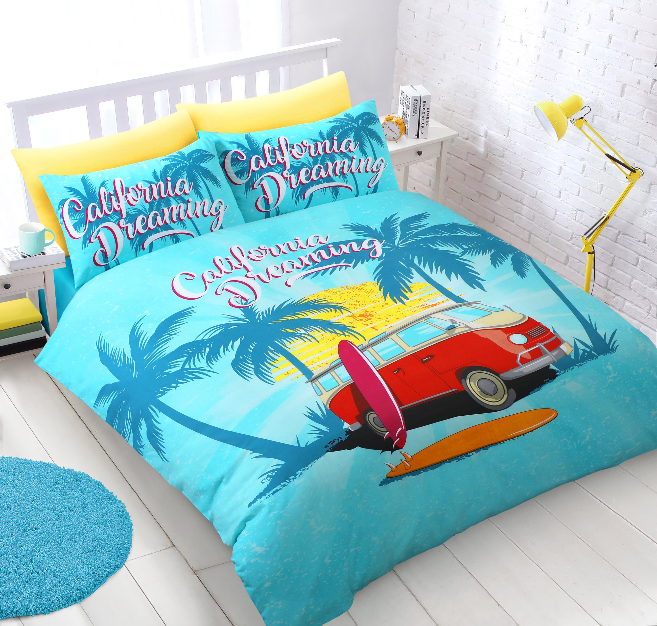 Velosso California Dreaming Cotton Rich Printed Duvet Cover & Pillowcase Set in Blue