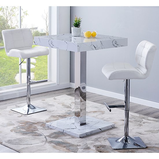 Palmero Gloss Bar Table In Vida Marble Effect With 2 Candid White Bar Stools