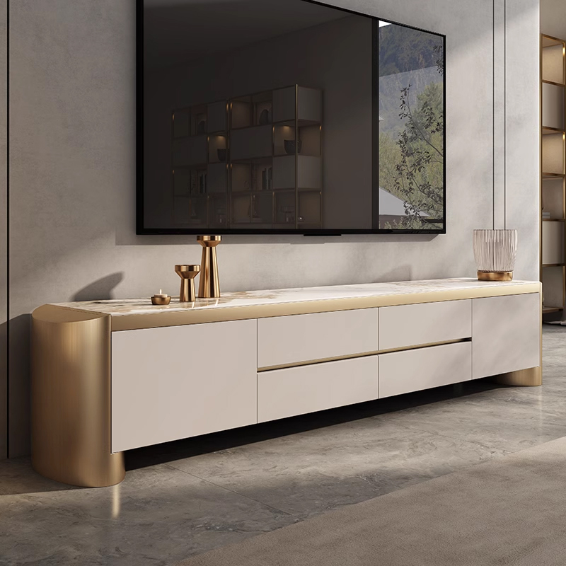 Modern 200 cm Off White TV Stand Sintered Stone Top with Storage