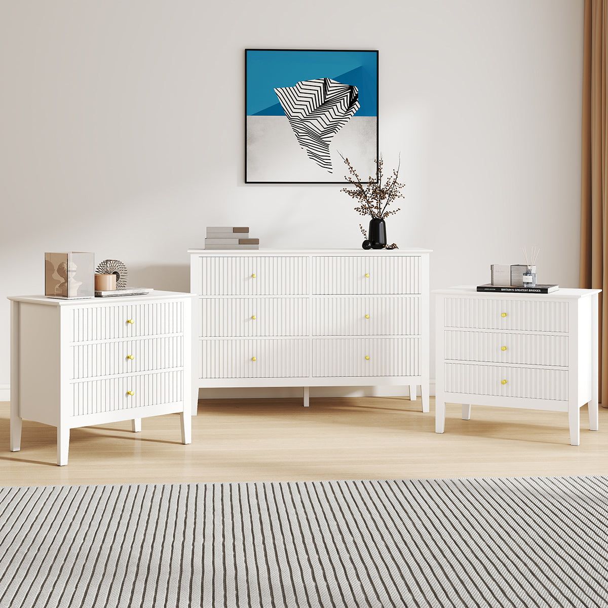Melody Maison Large 6 Drawer Chest Of Drawers & Pair Of Large Bedside Tables - Hales White Range