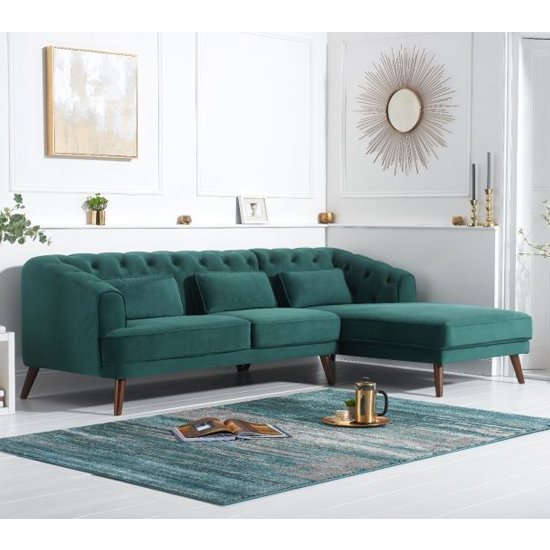 Destone Velvet Upholstered Right Handed Corner Sofa In Green