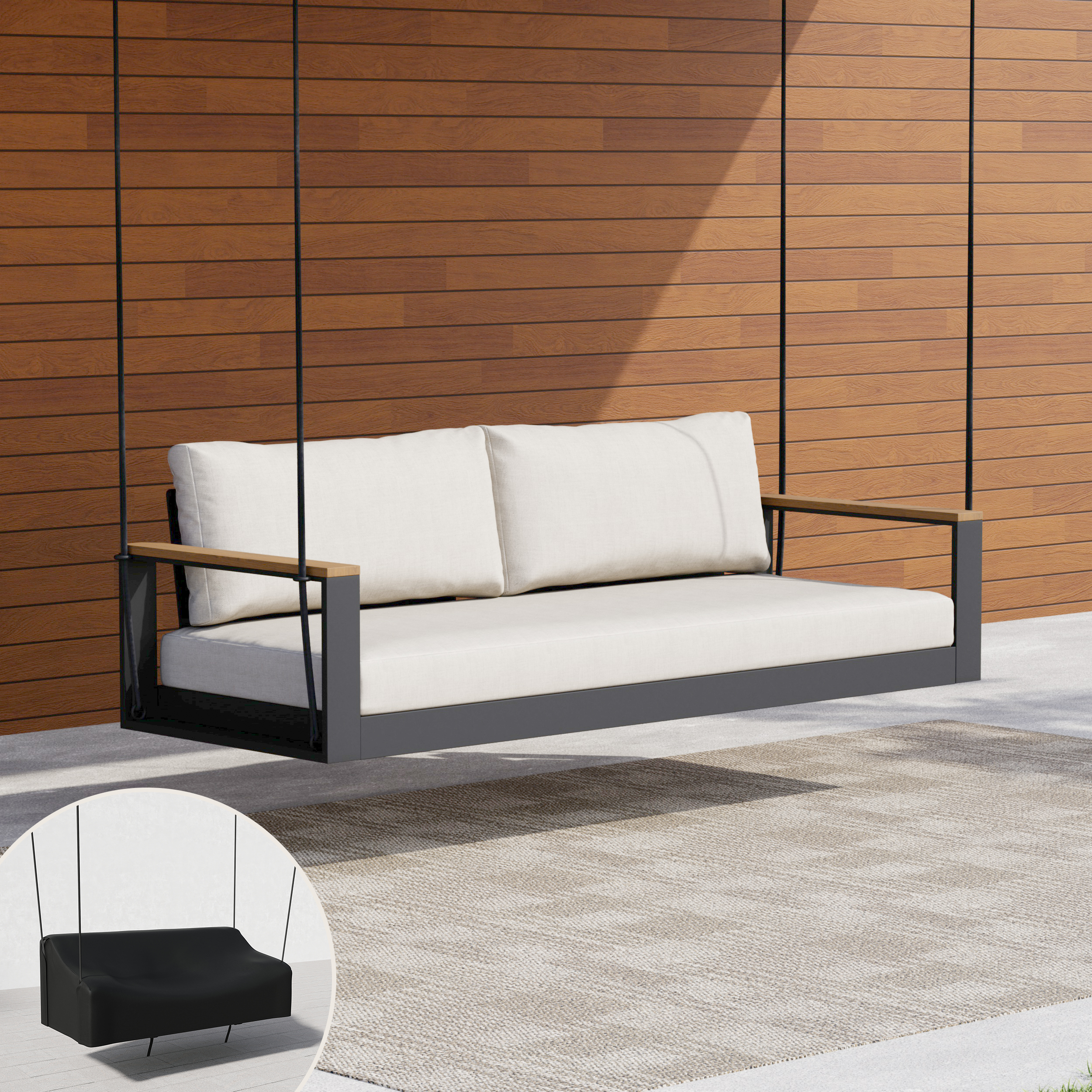 Tevara Outdoor 2-Seater Hanging Swing Sofa in Warm White with Cushion & Black Cover