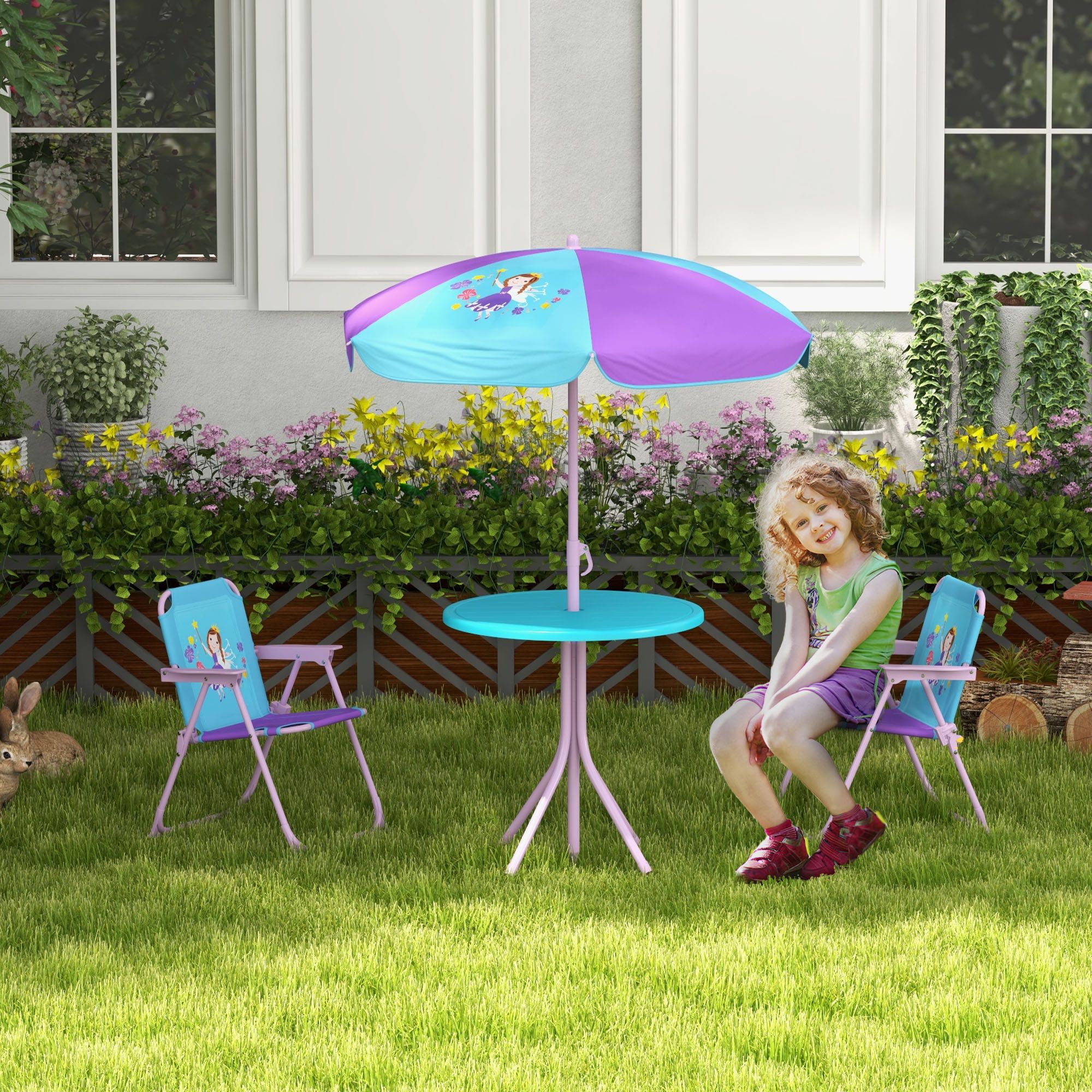 OUTSUNNY Children Table & Chair Set Outdoor Garden Furniture Set w/ Fairy Theme in Blue
