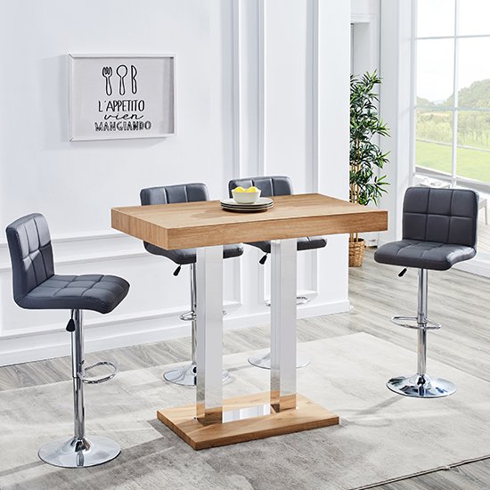 Caprice Wooden Bar Table In Oak With 4 Coco Grey Stools