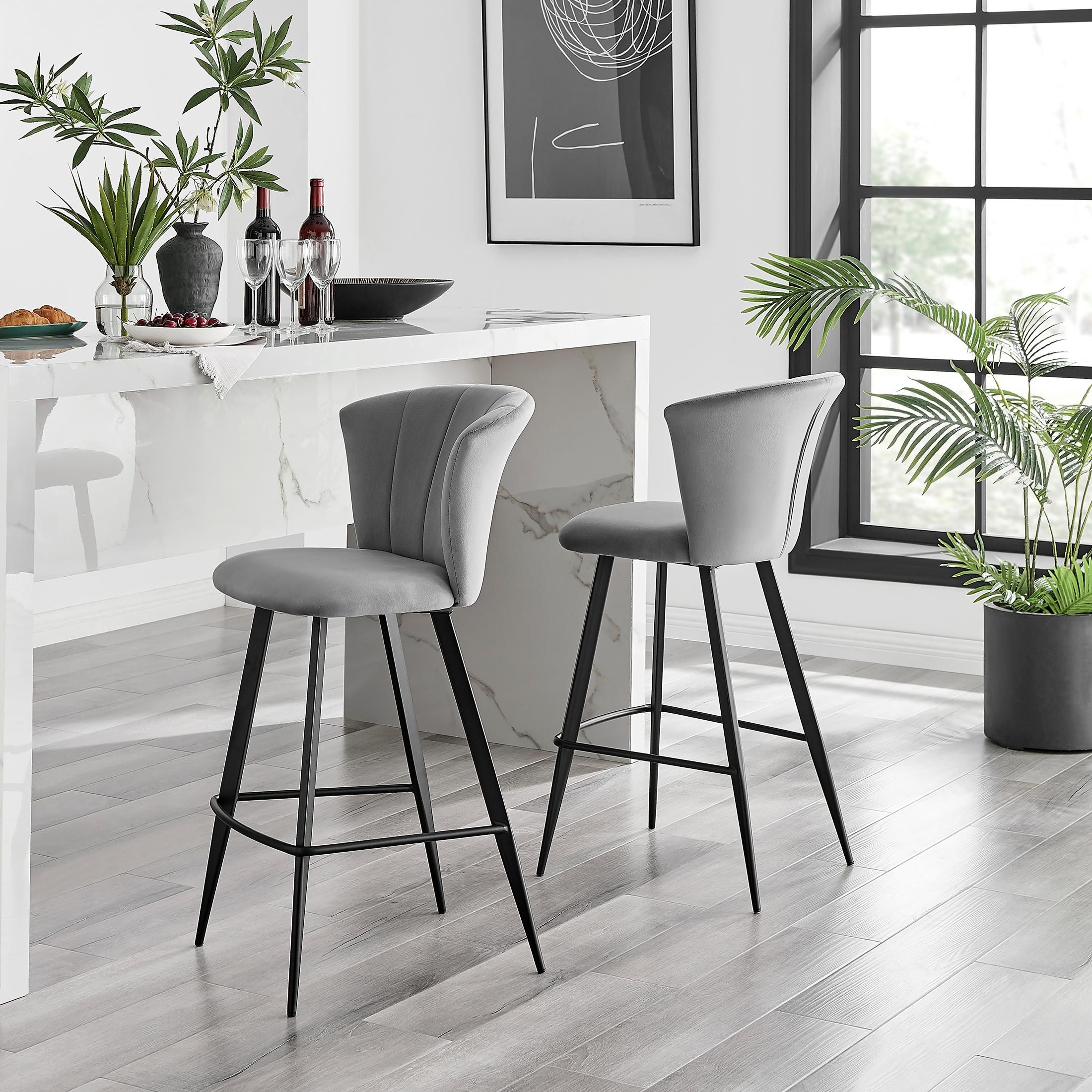 FurnitureboxUK Set of 2 Juniper Soft Touch Velvet Fluted Art Deco Counter Stools With Black Metal Legs in Grey