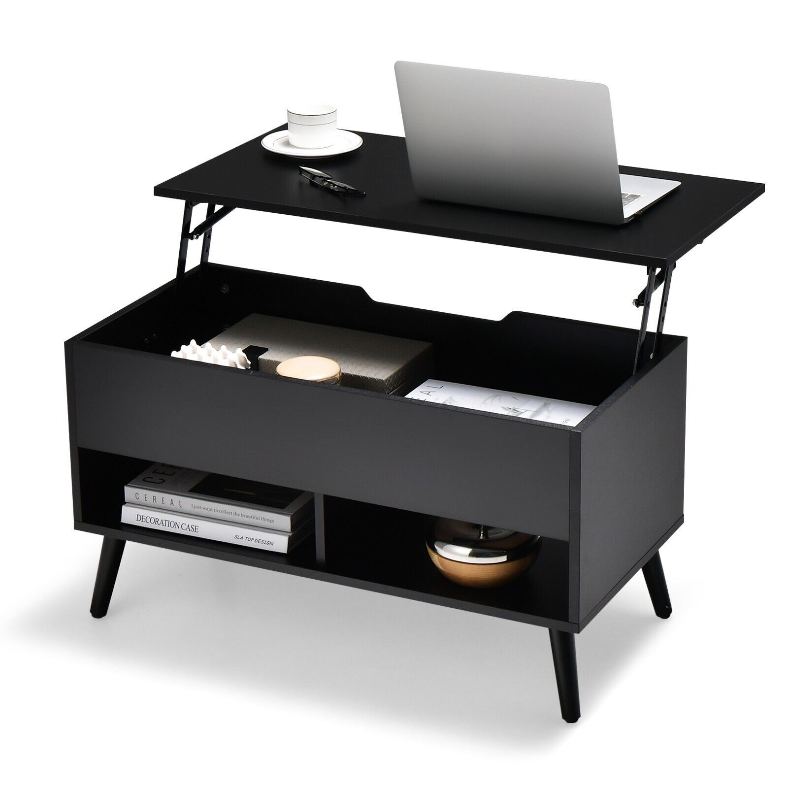 Costway Lift Top Coffee Table Modern Wooden Lift Top Dining Cocktail Table Living Room in Black