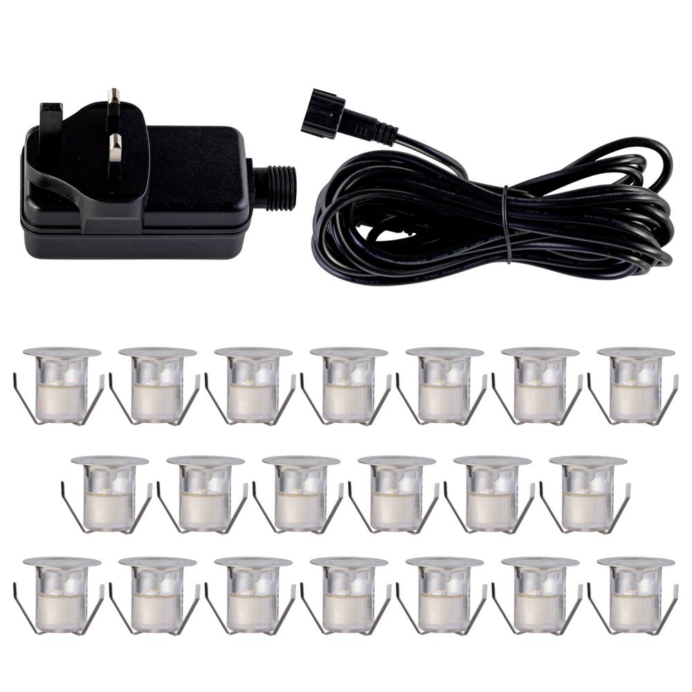 First Choice Lighting Set of 20 - 30mm Stainless Steel IP67 Cool White LED Decking Kit in Silver