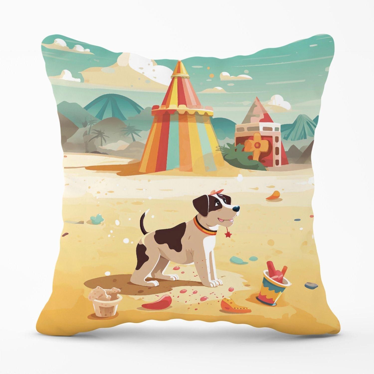 Warren Reed - Designer Doggy On A Beach Holiday Outdoor Cushion in Yellow