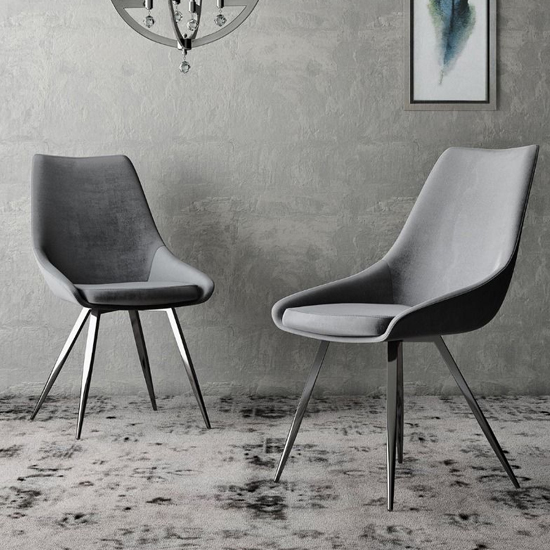 Lanna Dark Grey Velvet Fabric Dining Chairs In Pair