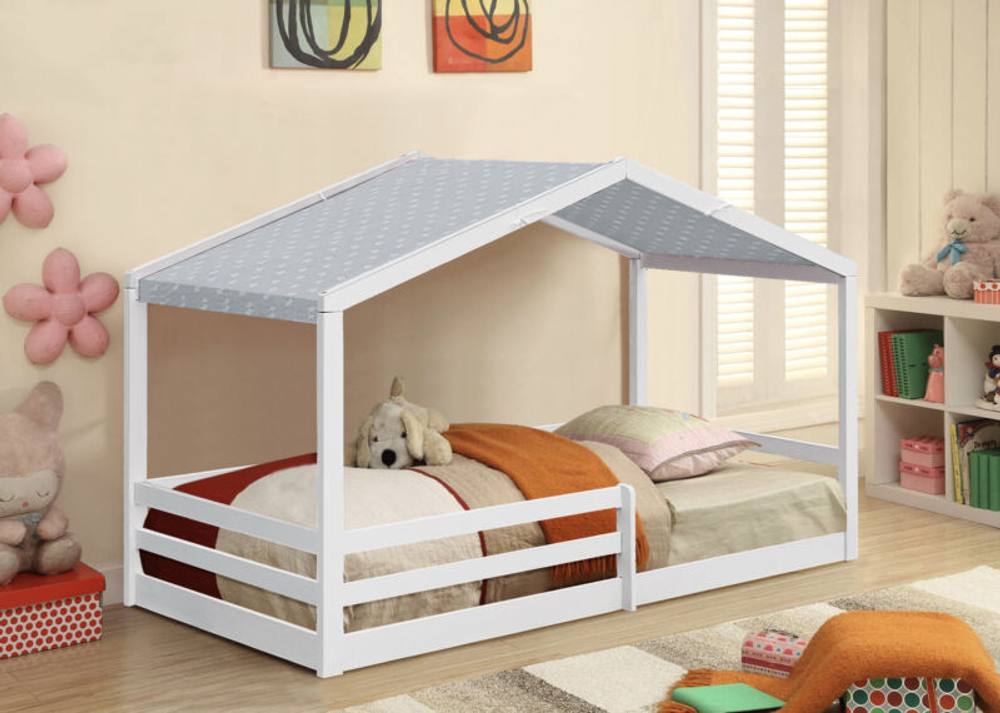 Comfy Living Ltd 3ft Wooden House Bed With Grey Tent in White