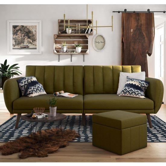 Brittany Linen Sofa Bed In Green With Wooden Legs