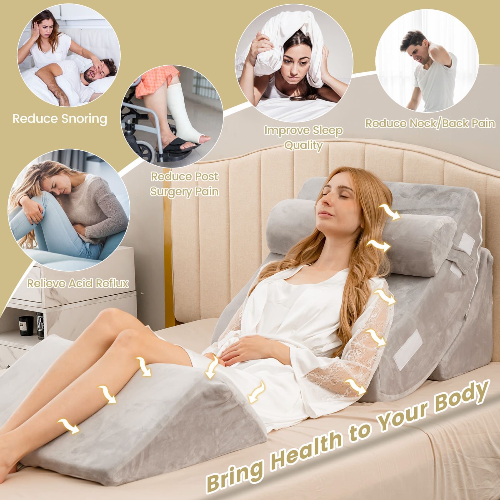 Costway 4pcs Bed Wedge Pillow Set Adjustable Bed Wedge Memory Foam Pillow Washable Cover in Grey 4