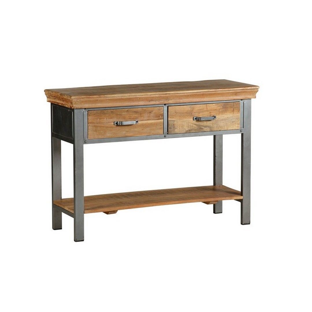 Indian Hub Metropolis Industrial 2 Drawer Console Table - Metal/Acacia Solid Wood - L40 x W115 x H77 cm in Brown