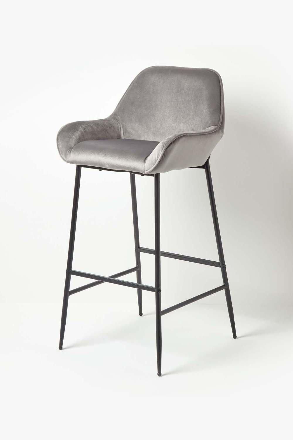 Homescapes Eton Velvet Bar Stool Luxury Upholstered Seat with Arm & Backrest in Grey
