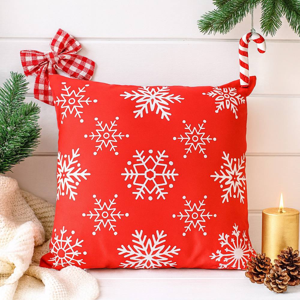 Voltico Festive Christmas Cushion - Snowflake & Santa Hat Design, 36 × 36 cm in Red