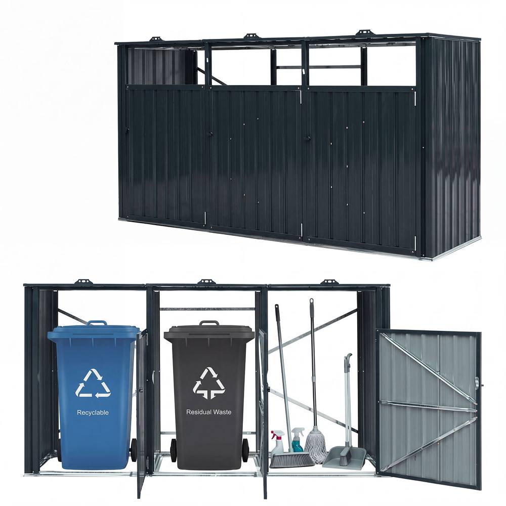 Costway 3-Bin Metal Trash Can Storage Shed 7.8x2.6FT Garbage Shed Flip-Up Lids in Grey