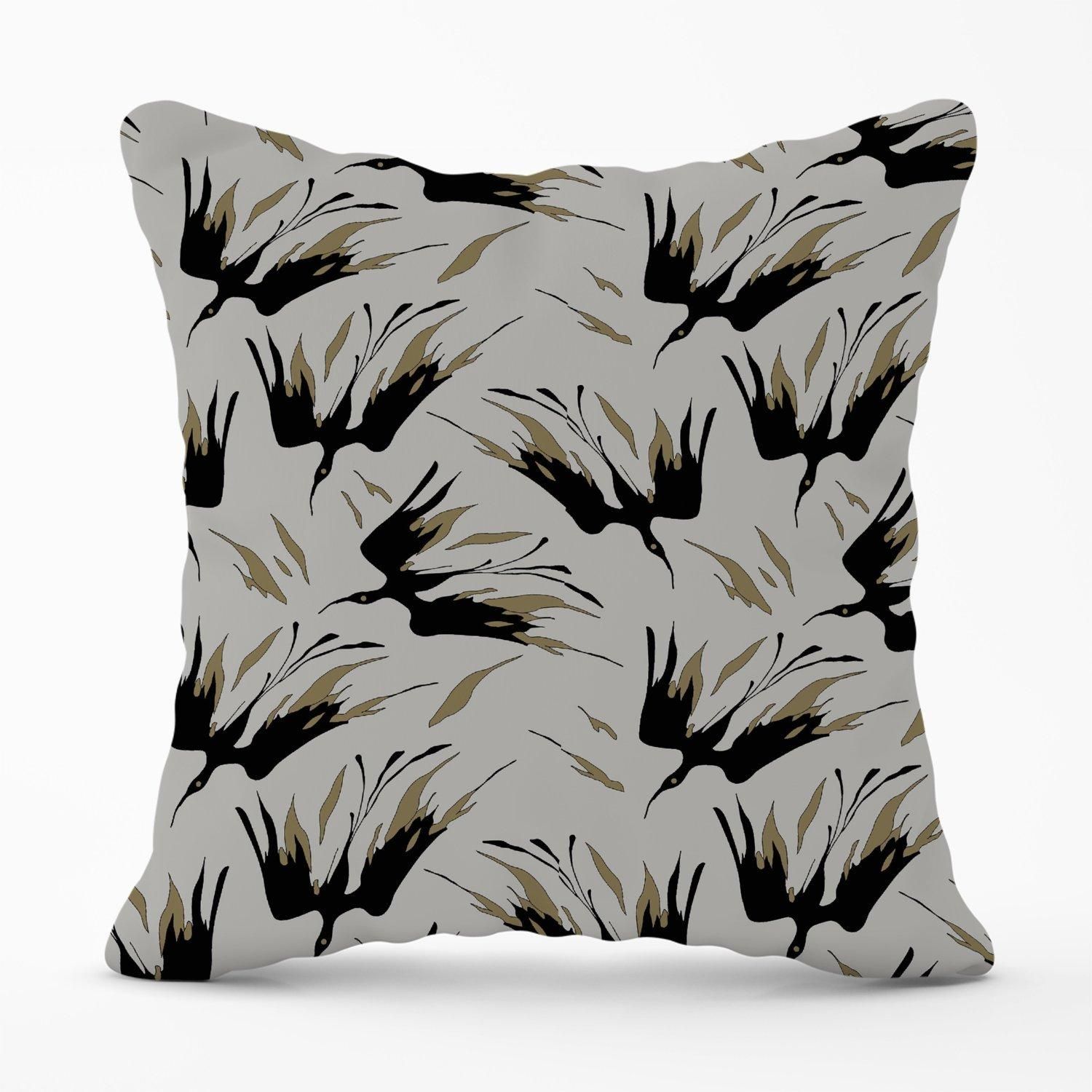 Warren Reed - Designer Black & Gold Fire Bird Silhouettes Outdoor Cushion in Grey