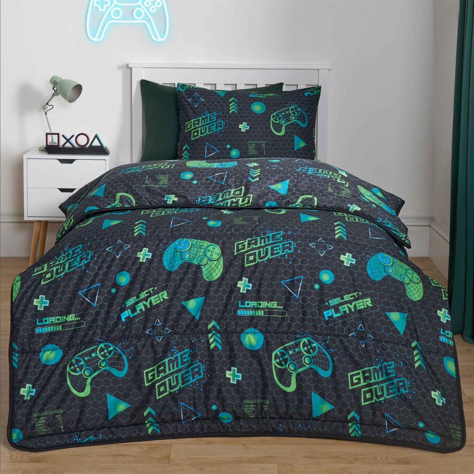 OHS Coverless 10.5 Tog Gaming Duvet Pillowcase Quilt Soft Warm Bedding Set in Black