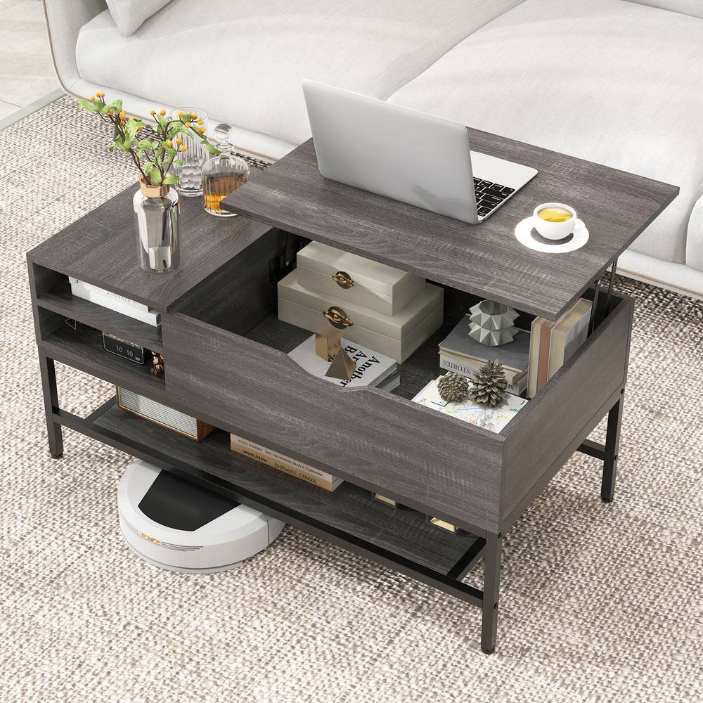 Costway Lift Top Coffee Table Living Room Center Table W/ Removable Shelf in Grey