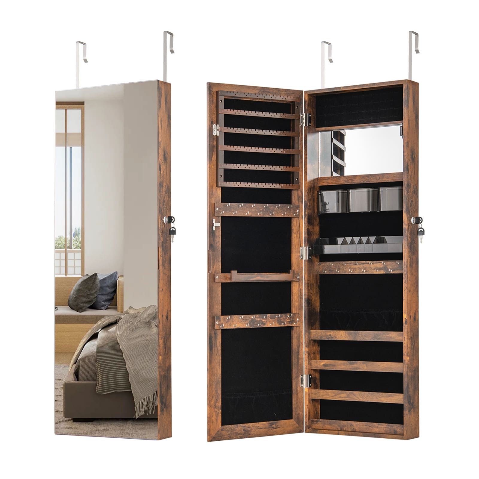 Costway Wall Mounted Jewellery Cabinet Door Hanging Jewelry Armoire w/ Full Length Mirror Lockable Cosmetics Jewellery Organiser Unit in Brown