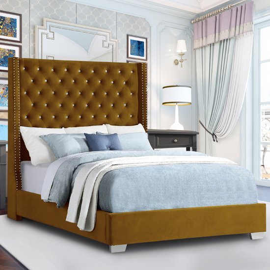 Newkirk Plush Velvet Upholstered Small Double Bed In Mustard