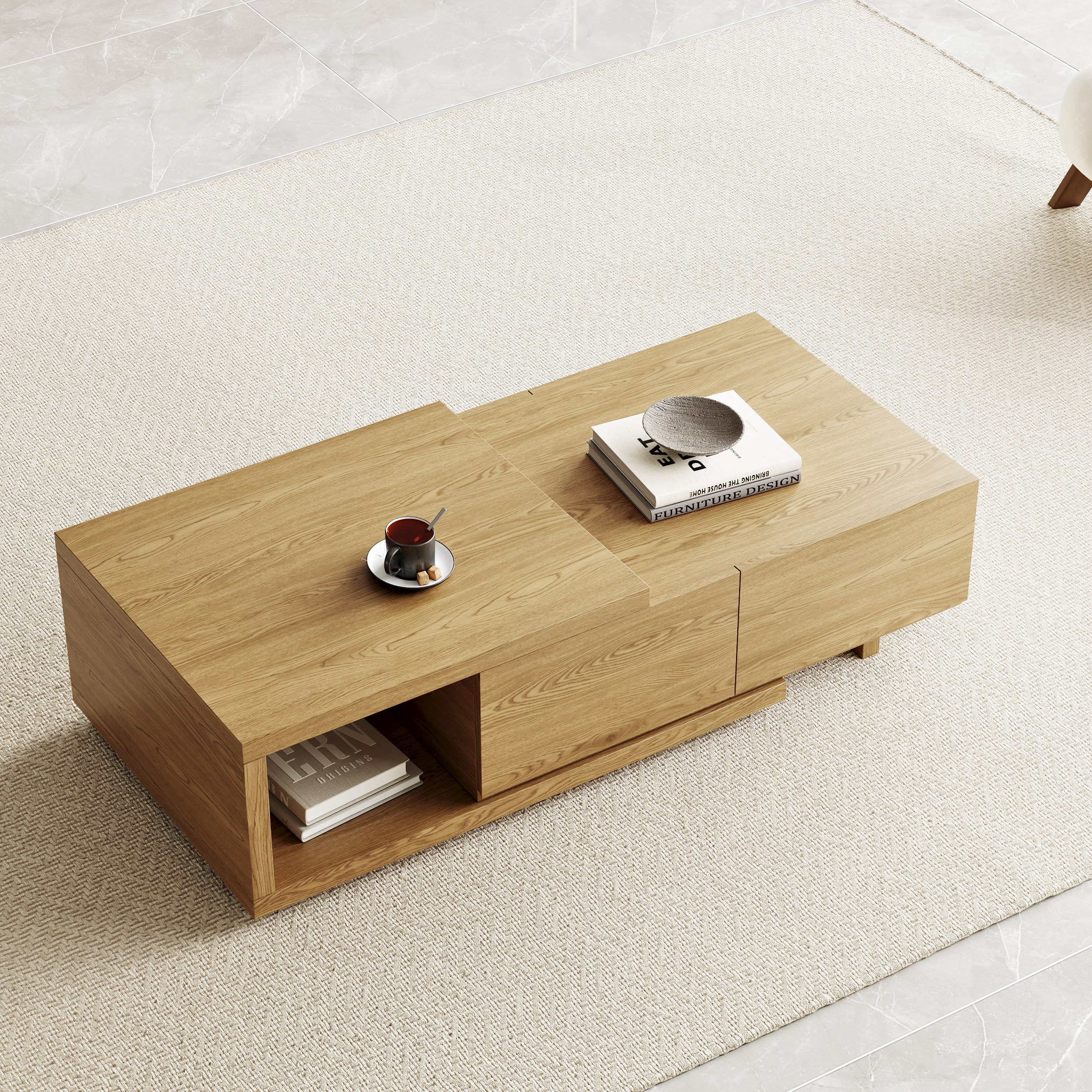 Quoint 175 cm Modern Natural Coffee Table Retracted & Extendable with 2-Drawer