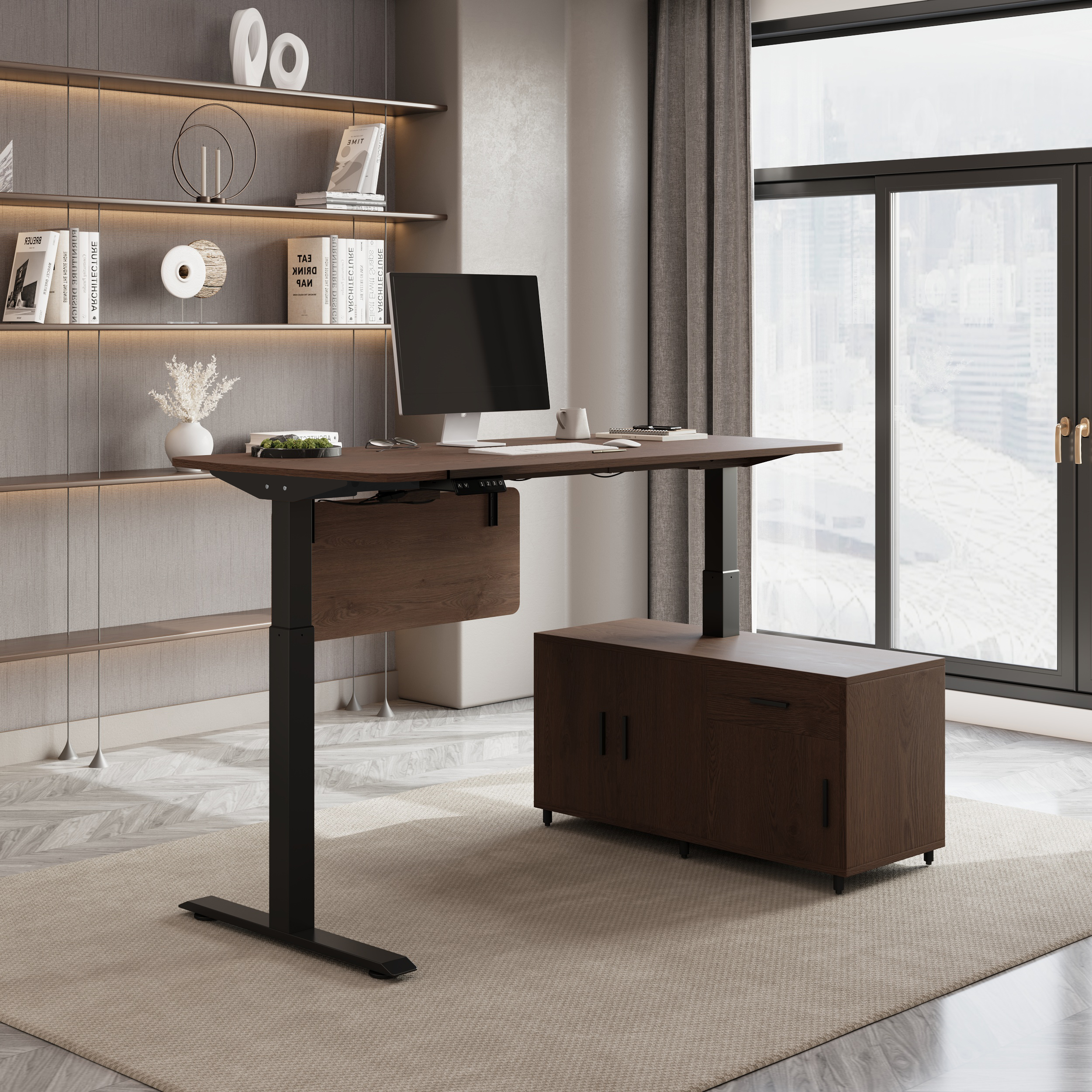 L Shaped Executive Office Desk with Adjustable Electric Standing Desktop Walnut Office Furniture Right Hand (1600mm)