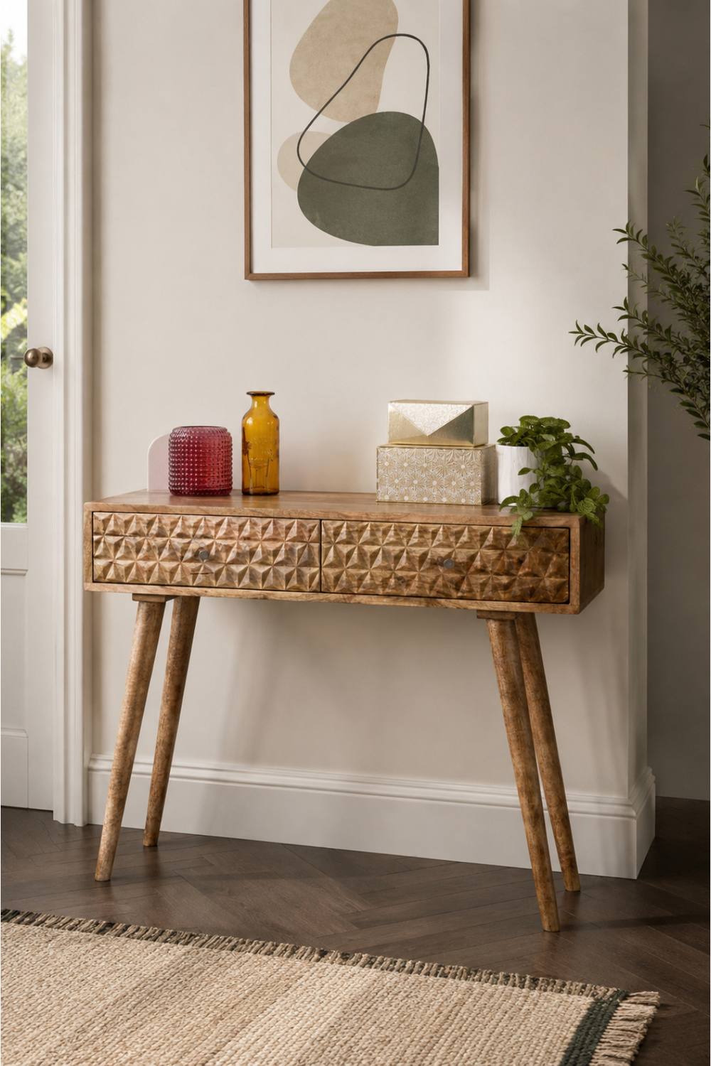 IH Design Cliddesden Solid Mango Wood Console Table with 2 Drawers in Natural