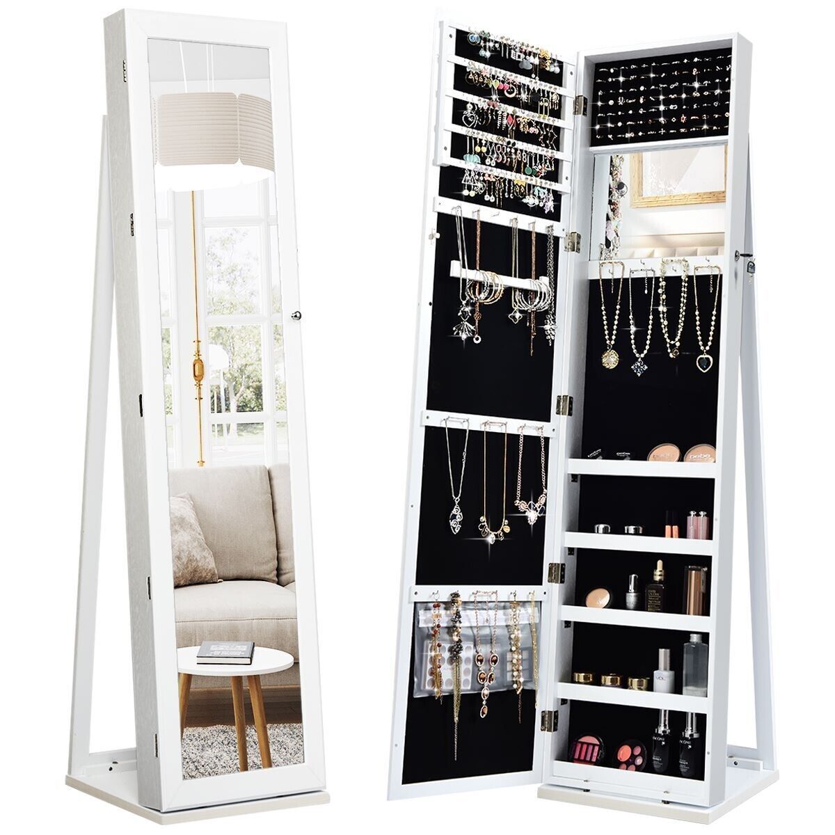 Costway 3in1 Jewelry Cabinet FullLength Mirrored Jewelry Armoire Jewelry Organizer in White