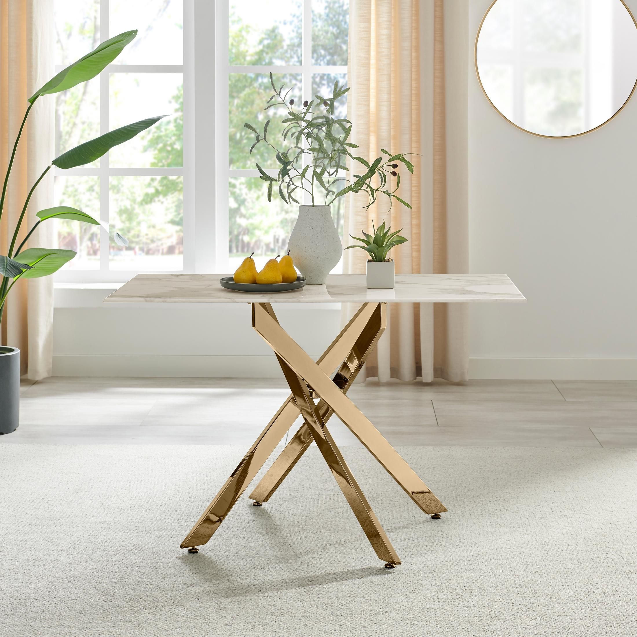 FurnitureboxUK Leonardo 4-Seater Dining Table With Marble Effect Glass Top & Gold Metal Legs in White