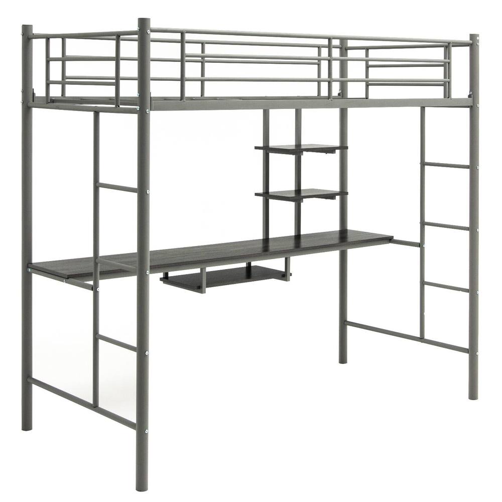 Costway 3.5FT Single Metal Loft Bed Frame High Sleeper Bunk Bed W/ Desk Storage Shelves in Silver