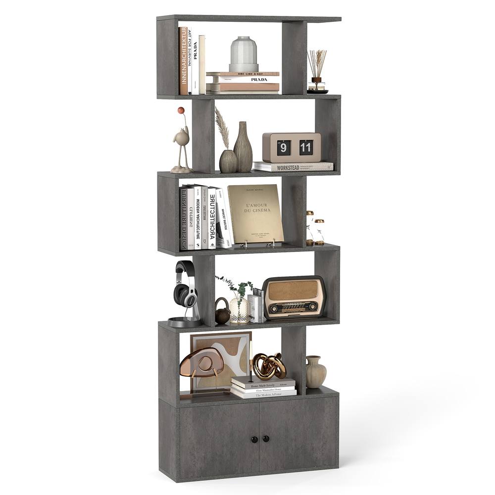 Costway 6-Tier Bookshelf w/ Cabinet S-Shaped Bookcase Shelf Storage Organizer in Grey