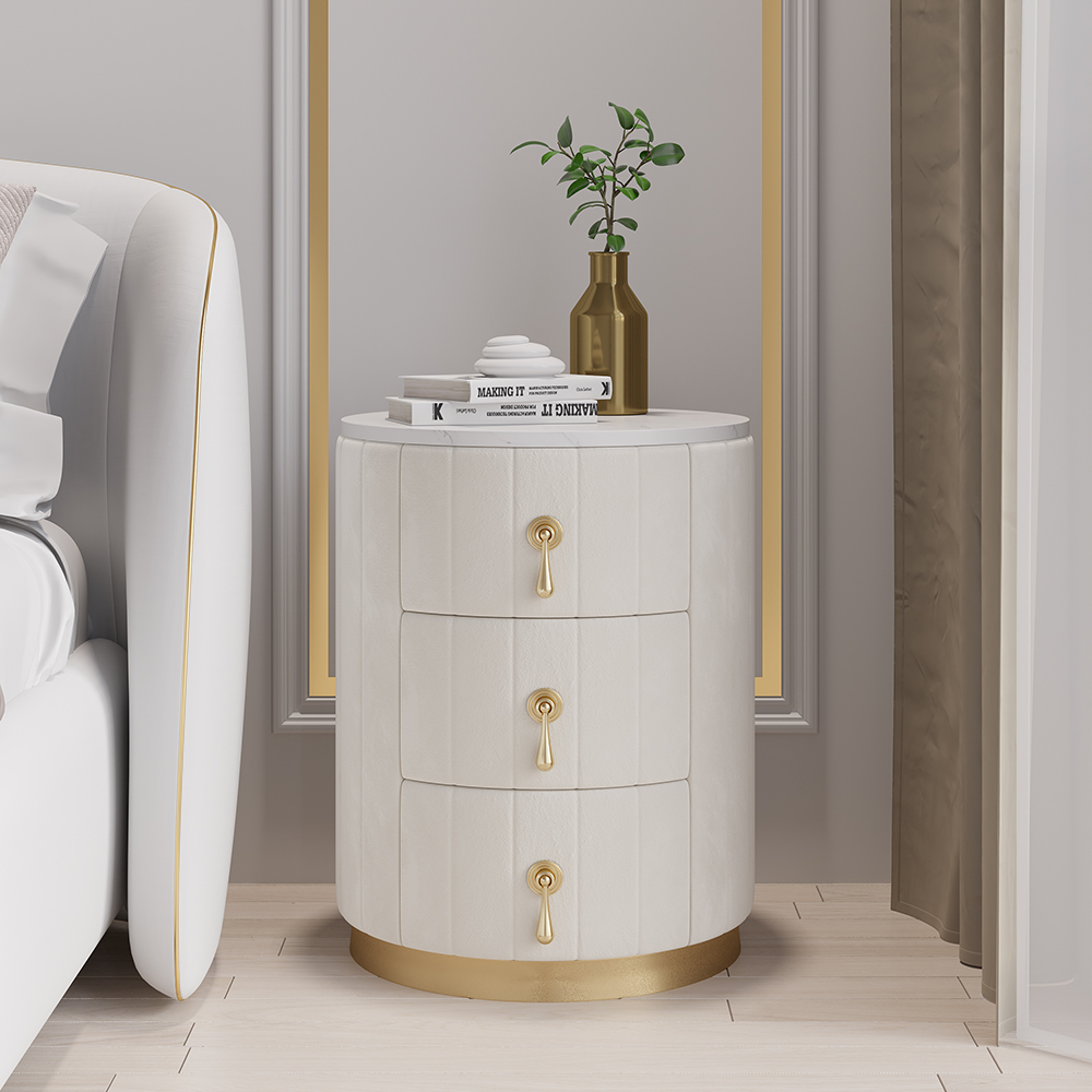 Sintered Stone Top 3-Drawer Round Velvet Bedside Table