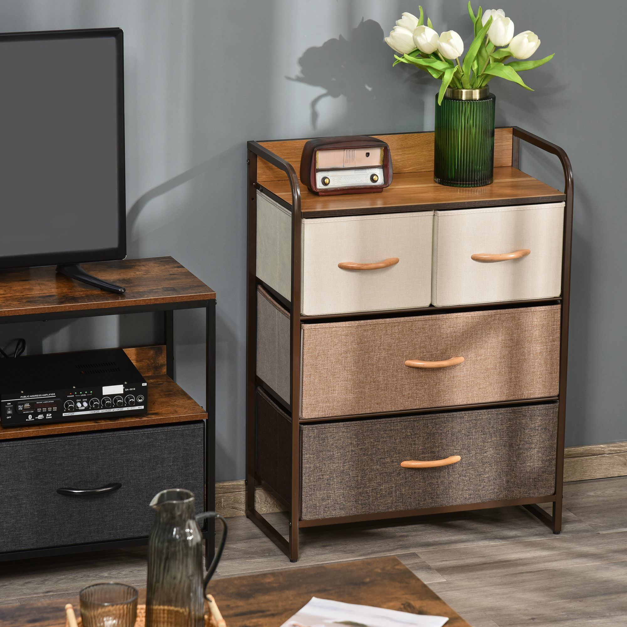HOMCOM 4 Drawer Dresser Storage Tower with Steel Frame Wood Top for Bedroom in Brown