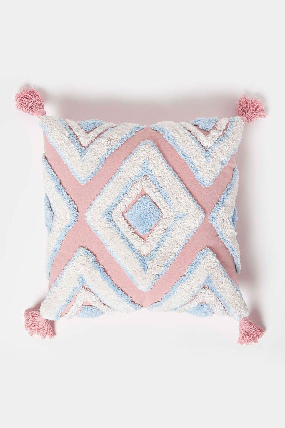 Homescapes Geometric Ikat Tufted Cotton Cushion with Tassels in Blue