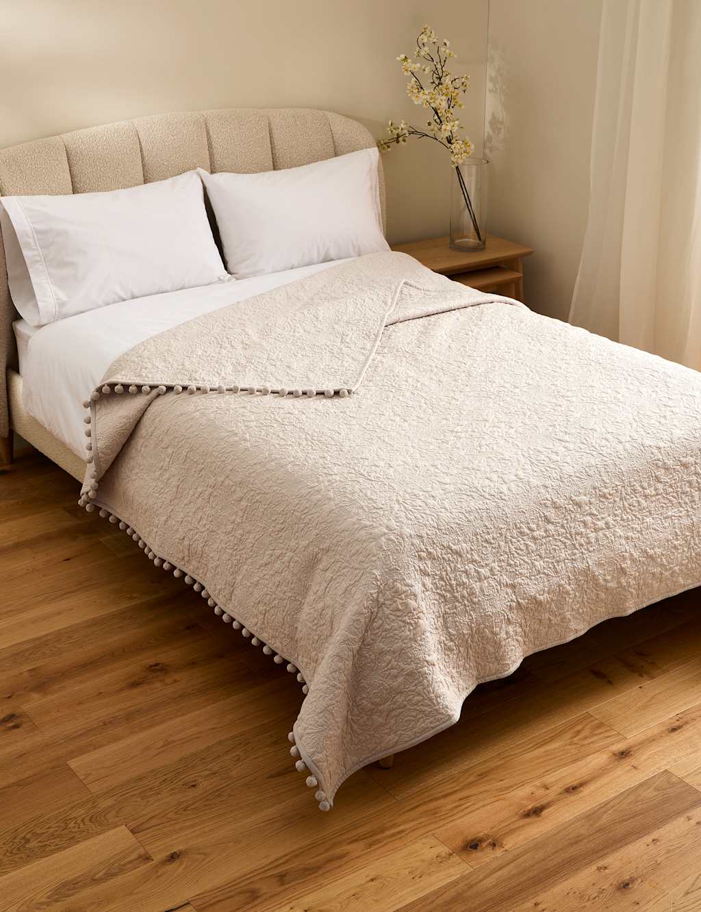 M&S Cotton with Linen Embroidered Bedspread Light Grey