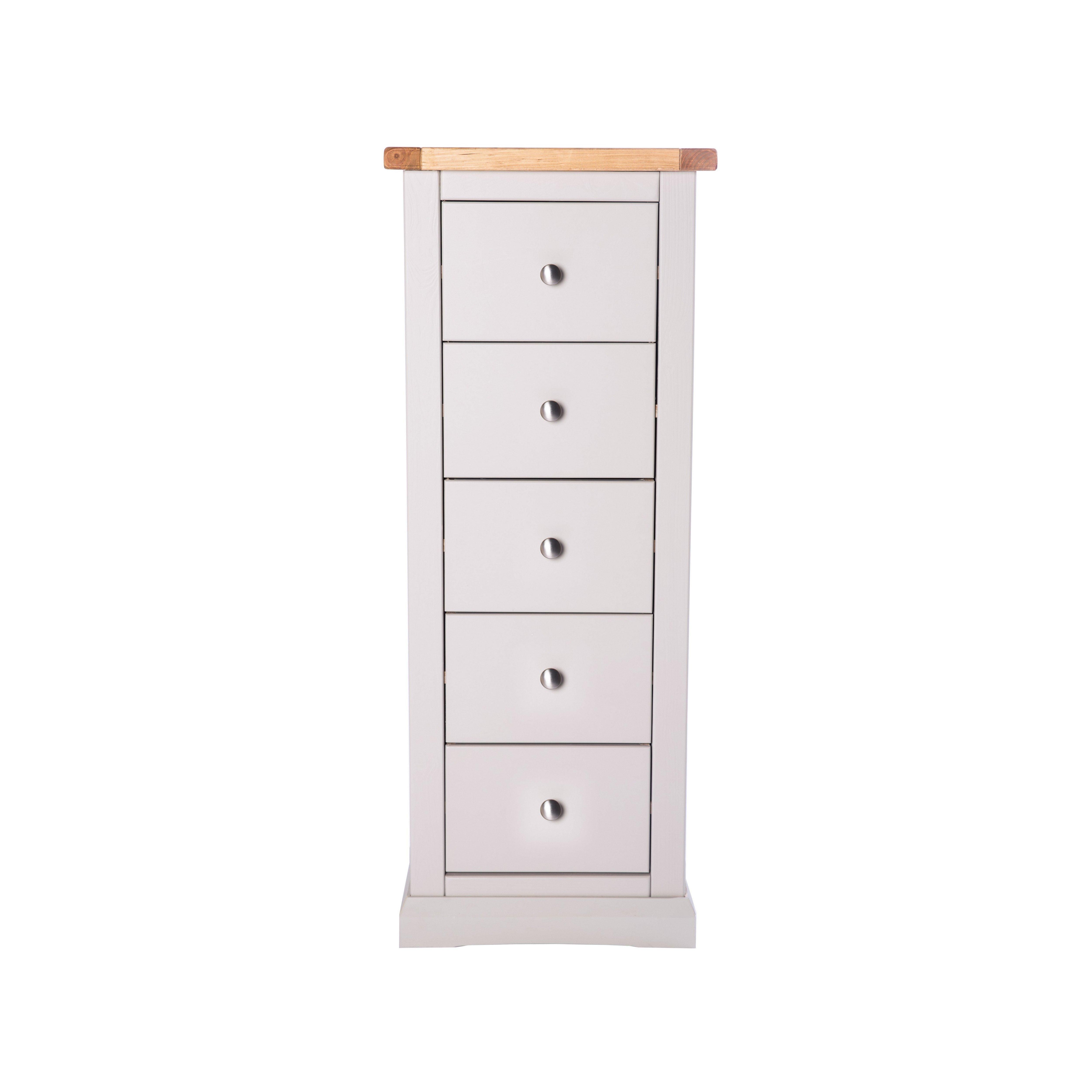 Cabinet Bits Loreo 5 Drawer Narrow Chest of Drawers Chrome Knob in Light Grey