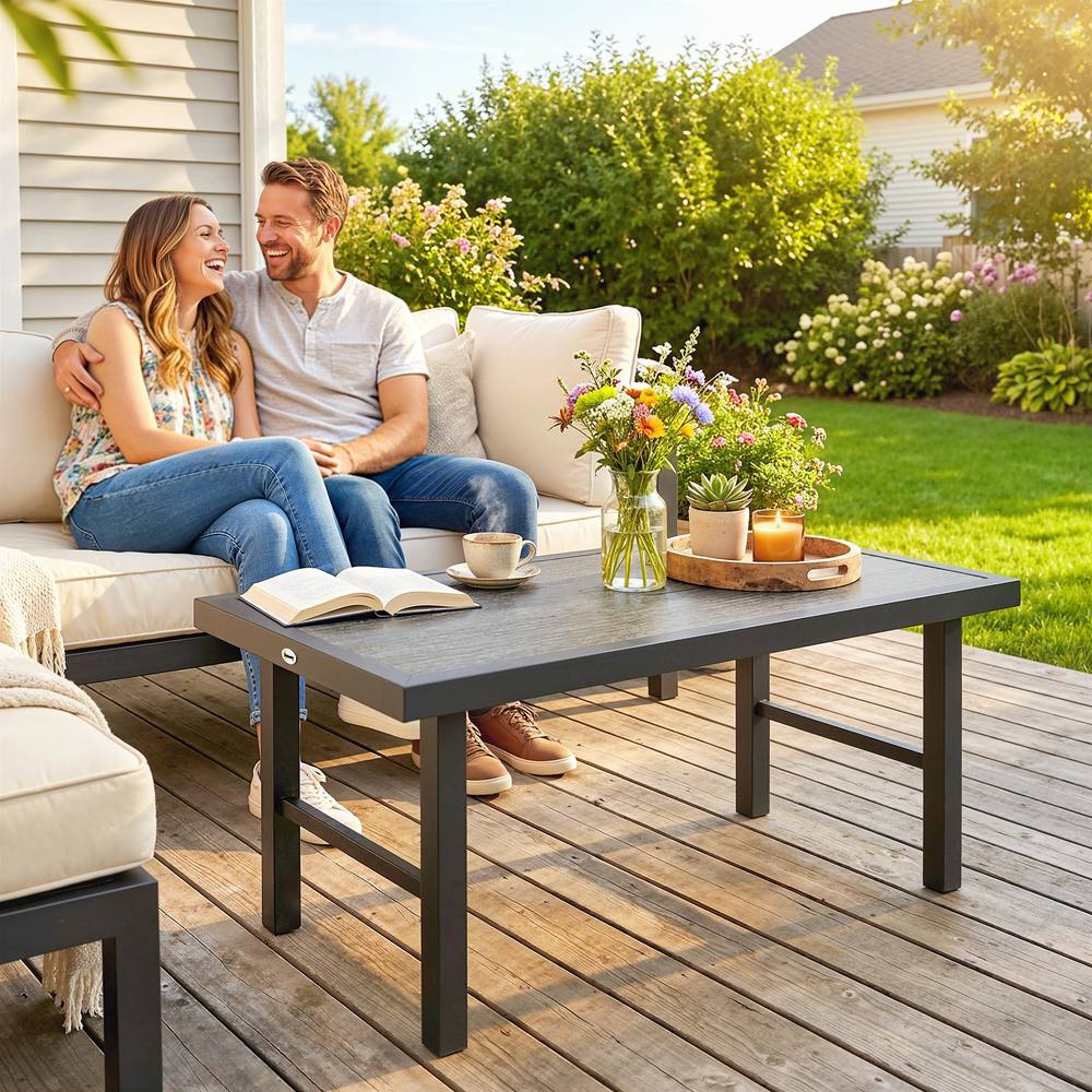 OUTSUNNY Garden Coffee Table with SPC Woodgrain Tabletop, Dark Grey