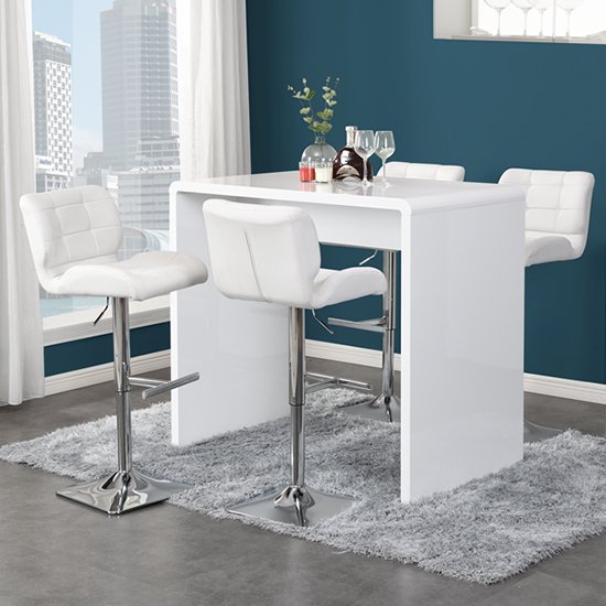 Glacier Gloss Bar Table In White With 4 Candid White Bar Stools