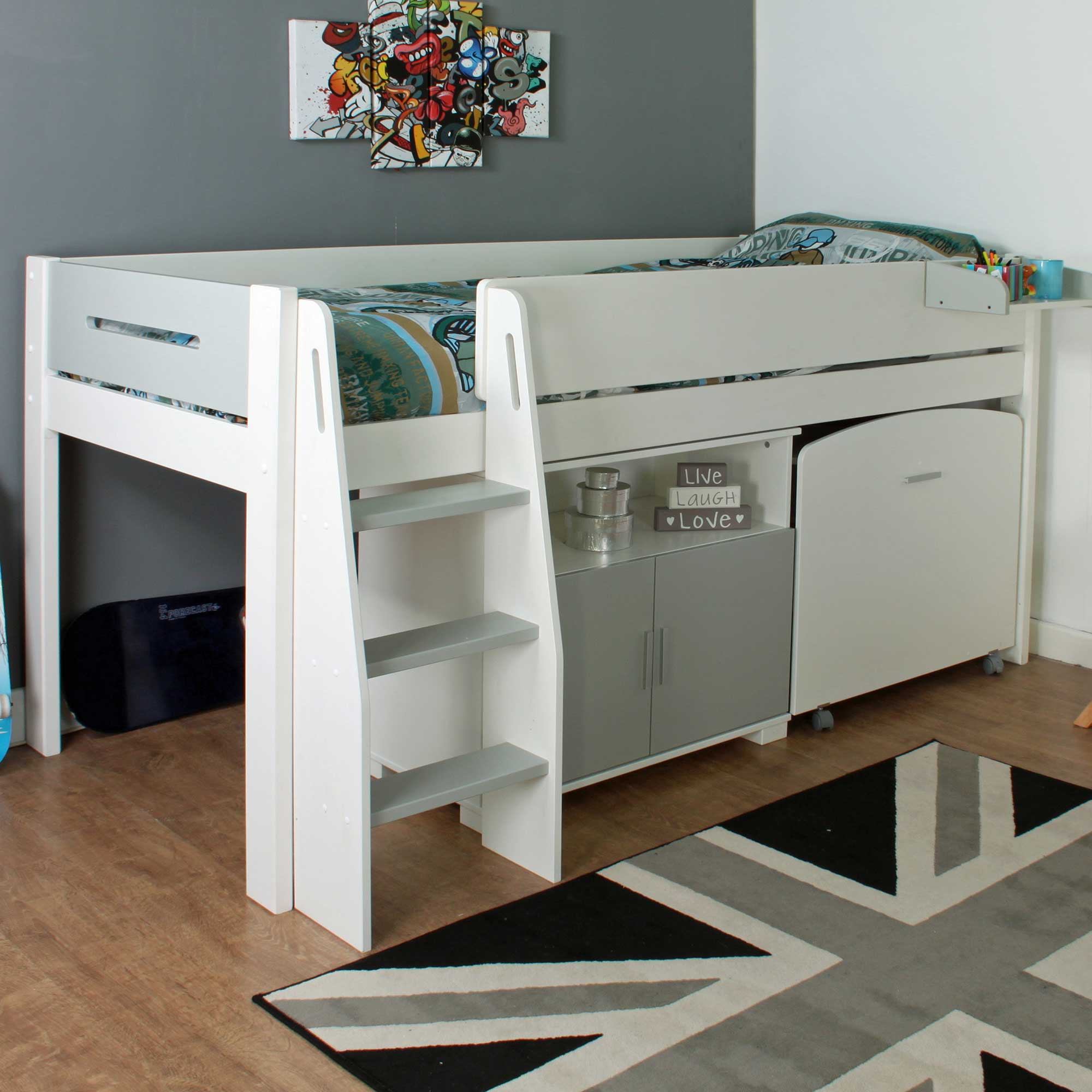 Urban Grey Childrens Midsleeper Bed with pull out Desk and Cupboard
