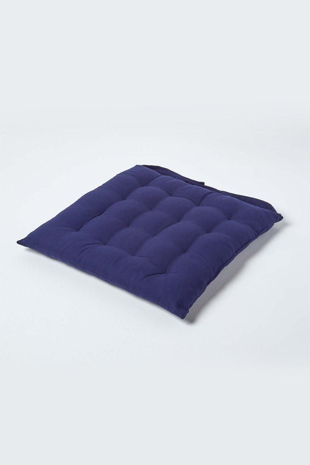 Homescapes Seat Pad Luxury 100% Cotton Indoor Outdoor Garden Cushion, Button Tie, 40cm in Navy