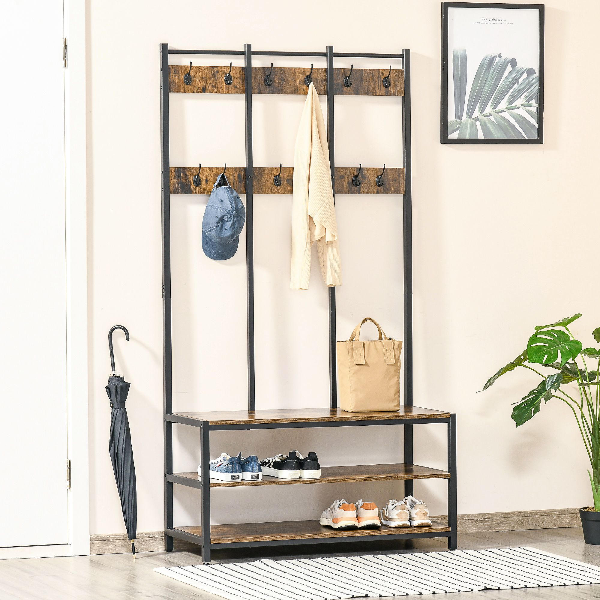 HOMCOM Industrial Coat Rack Shoe Bench Hall Tree Entryway Clothes Storage in Brown
