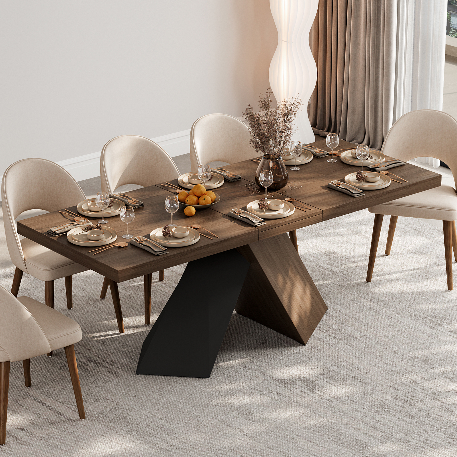 160 - 200 cm Extendable Walnut Dining Table Modern Farmhouse 4-6 Seater Pedestal Base