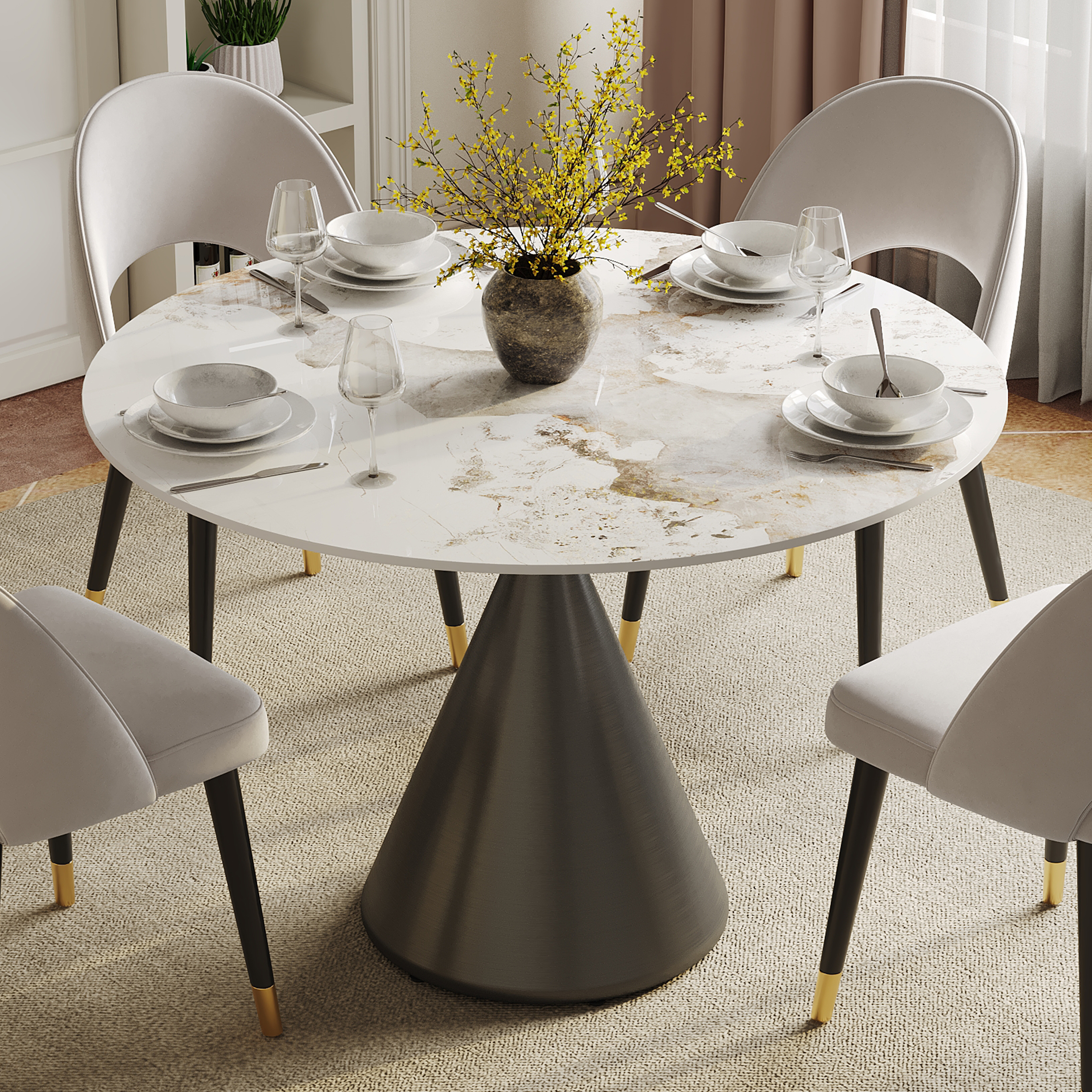 1000mm Sintered Stone Round Dining Table with Brushed Black Base Seats 2-4 People